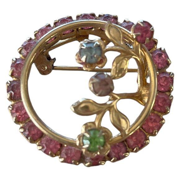 Rhinestone Flower Circle Brooch Gold Tone Uranium UV Glowing Vintage Pin - Picture 1 of 5